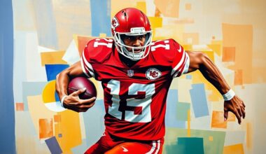 A fractured, cubist-style painting depicting a football player in motion, with sharp, overlapping geometric planes in the colors of the Kansas City Chiefs, conceptually representing the complexity of Mahomes