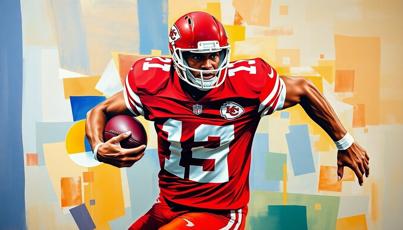 A fractured, cubist-style painting depicting a football player in motion, with sharp, overlapping geometric planes in the colors of the Kansas City Chiefs, conceptually representing the complexity of Mahomes