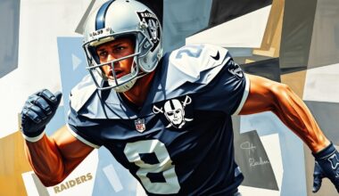 A cubist-style painting depicting a Raiders football player in mid-action, their body broken down into sharp, overlapping geometric shapes in the team