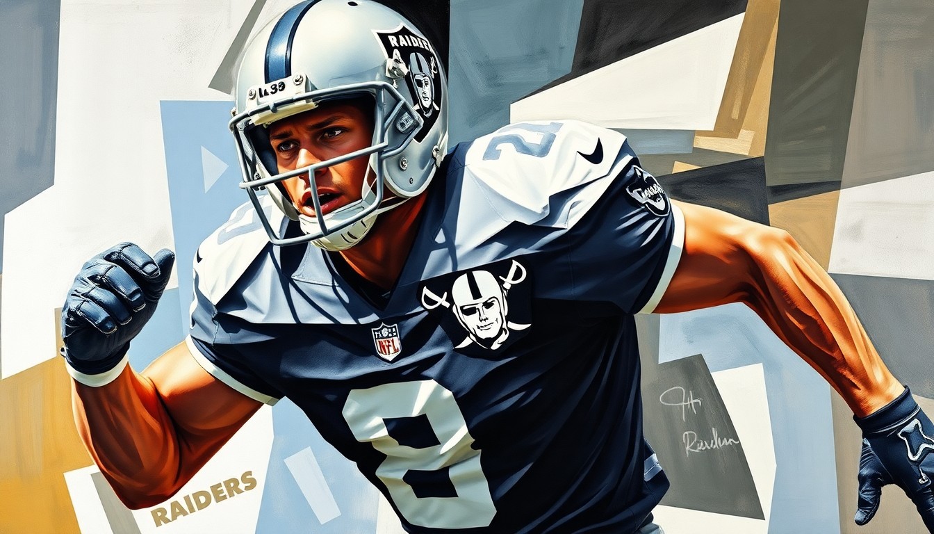 A cubist-style painting depicting a Raiders football player in mid-action, their body broken down into sharp, overlapping geometric shapes in the team