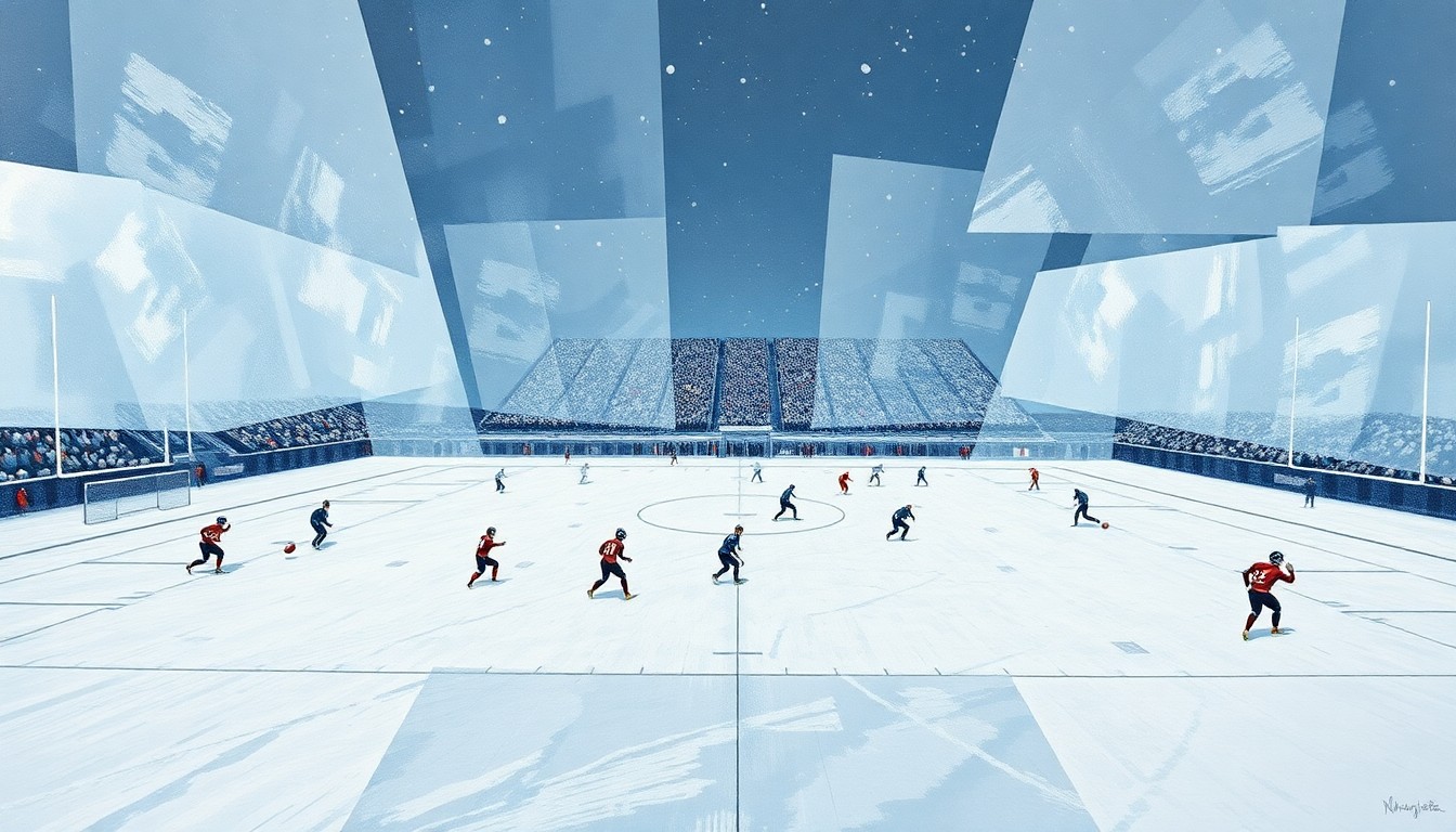 A fractured, geometric painting depicting a snowy football field with players in sharp, overlapping planes, conceptually representing the pivotal moment that decided the Broncos