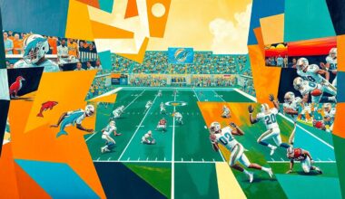 A fractured, geometric painting depicting the motion and energy of a Miami Dolphins football game, with players and field deconstructed into abstract shapes and planes of color.