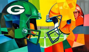 A cubist, geometric painting depicting a football game or match, with sharp, overlapping planes of color representing the players and action on the field.