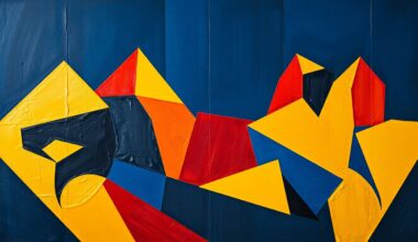 A cubist, geometric painting depicting a fractured, multi-perspective view of a defensive line formation, with sharp, overlapping planes in navy blue, gold, and crimson red, conveying the complexity and uncertainty surrounding the Rams