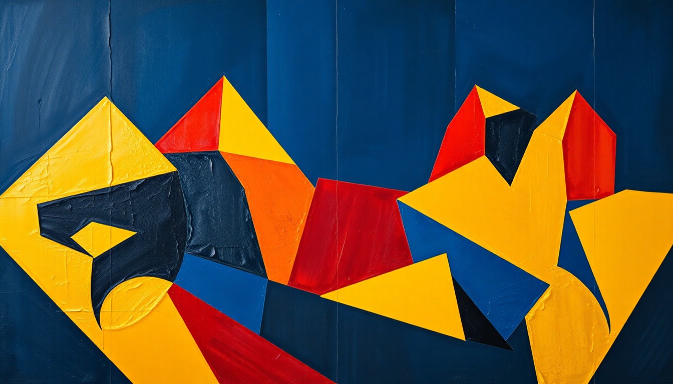 A cubist, geometric painting depicting a fractured, multi-perspective view of a defensive line formation, with sharp, overlapping planes in navy blue, gold, and crimson red, conveying the complexity and uncertainty surrounding the Rams