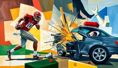 A cubist-style painting depicting a fragmented, geometric interpretation of a football player and a car crash, representing the complex issues surrounding the Falcons
