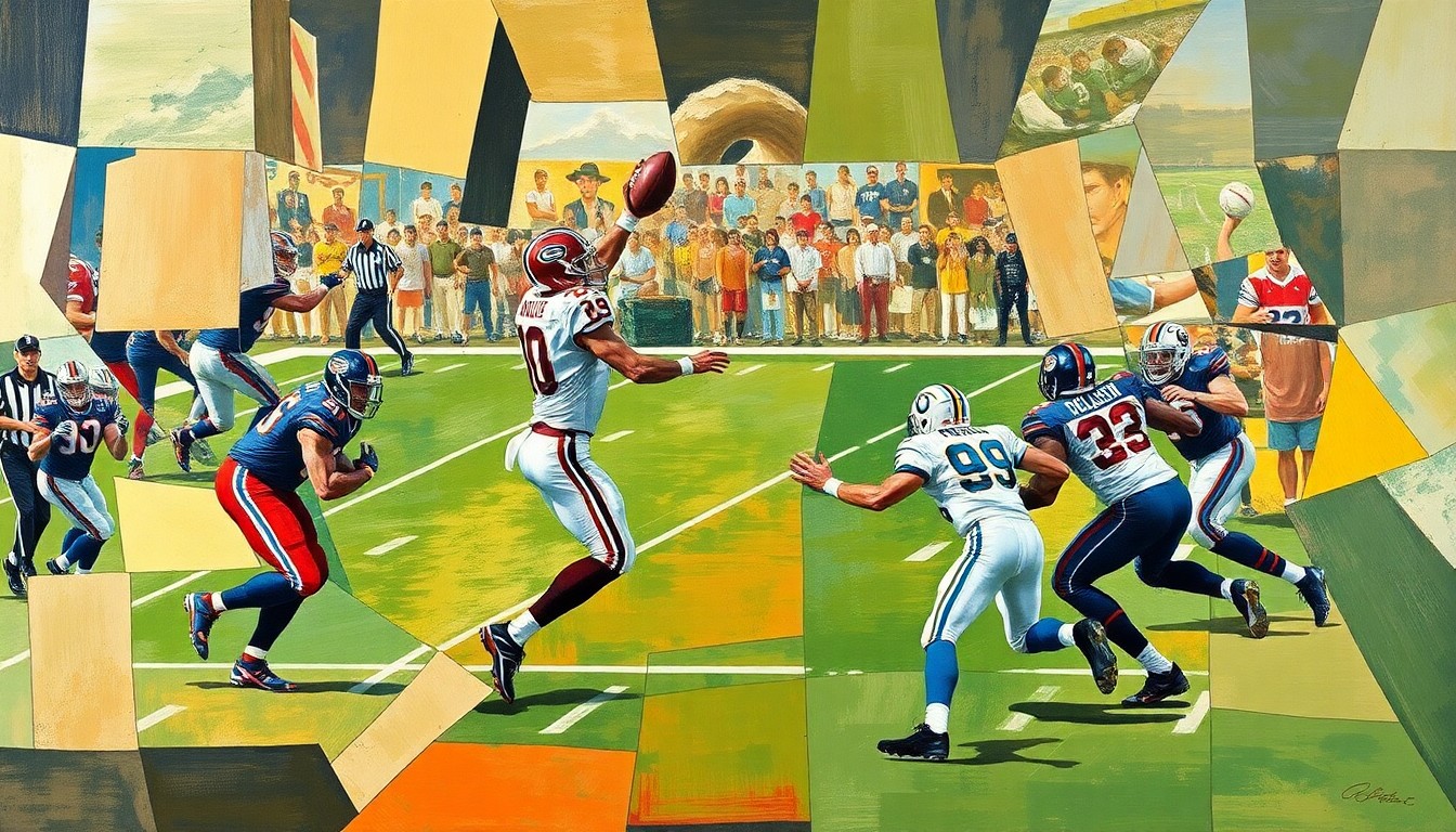 A cubist, geometric painting depicting a football player in motion, with the figure broken down into sharp, overlapping planes of color, capturing the raw energy and physicality of the sport.