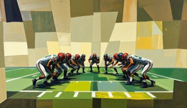 A fragmented, geometric painting depicting an offensive line formation, with players and the field broken down into sharp, overlapping planes of color and shape, conveying the conceptual idea of an evolving offensive unit.