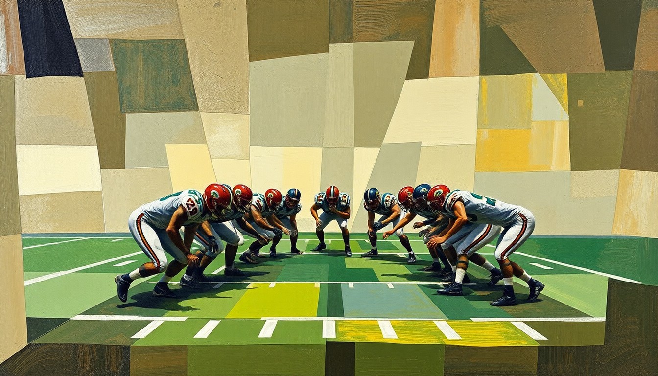 A fragmented, geometric painting depicting an offensive line formation, with players and the field broken down into sharp, overlapping planes of color and shape, conveying the conceptual idea of an evolving offensive unit.