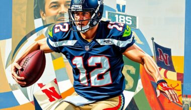 A fractured, multi-perspective painting depicting a football player in motion, with sharp, overlapping geometric planes in the colors of the Seattle Seahawks and the University of Nebraska, conceptually representing the strategic considerations behind the team