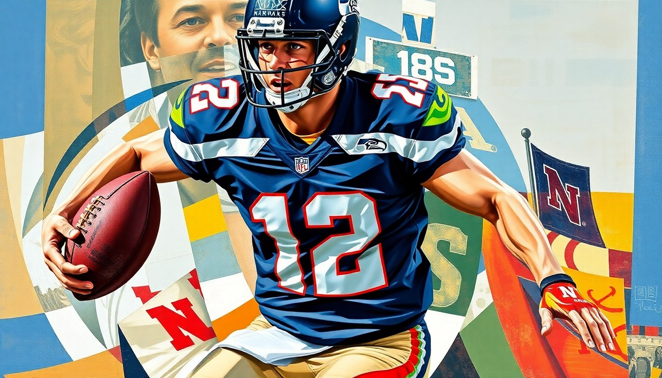 A fractured, multi-perspective painting depicting a football player in motion, with sharp, overlapping geometric planes in the colors of the Seattle Seahawks and the University of Nebraska, conceptually representing the strategic considerations behind the team