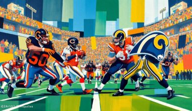 A cubist, geometric painting depicting the action of a football game between the Chicago Bears and Los Angeles Rams, with sharp, overlapping planes of color representing the players and movement on the field.