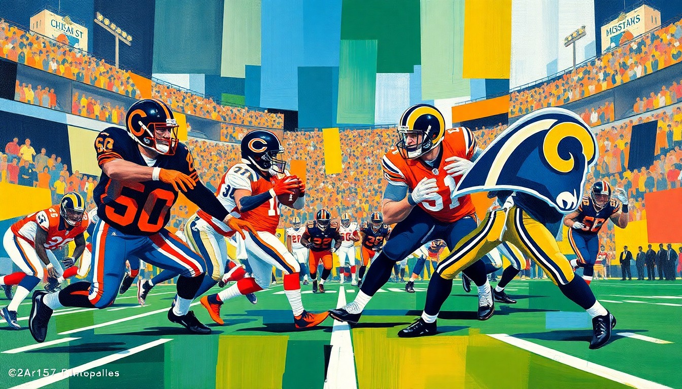 A cubist, geometric painting depicting the action of a football game between the Chicago Bears and Los Angeles Rams, with sharp, overlapping planes of color representing the players and movement on the field.