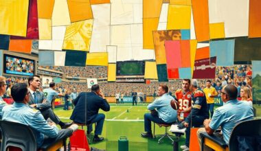 A cubist, geometric painting depicting fragmented, overlapping shapes and planes representing a football coaching staff meeting or game, conveying the dynamic and shifting nature of the coaching profession.