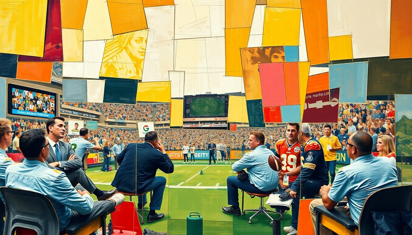 A cubist, geometric painting depicting fragmented, overlapping shapes and planes representing a football coaching staff meeting or game, conveying the dynamic and shifting nature of the coaching profession.