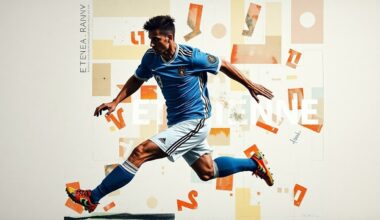 A fragmented, geometric painting depicting a football player in motion, with the name