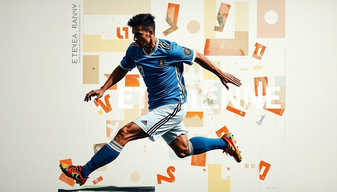 A fragmented, geometric painting depicting a football player in motion, with the name