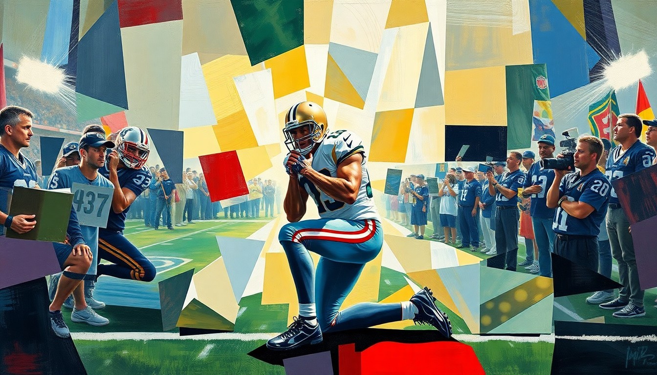 A cubist, geometric painting depicting a football player kneeling in protest, with the scene broken down into sharp, overlapping planes of color and shape, conveying the complex and divisive nature of Kaepernick