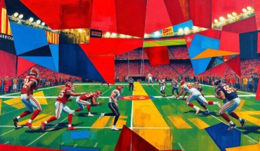 A cubist, geometric painting depicting a Kansas City Chiefs football game, with the players and field broken down into sharp, overlapping planes of deep red, royal blue, and metallic gold, capturing the dynamic energy and uncertainty of the team