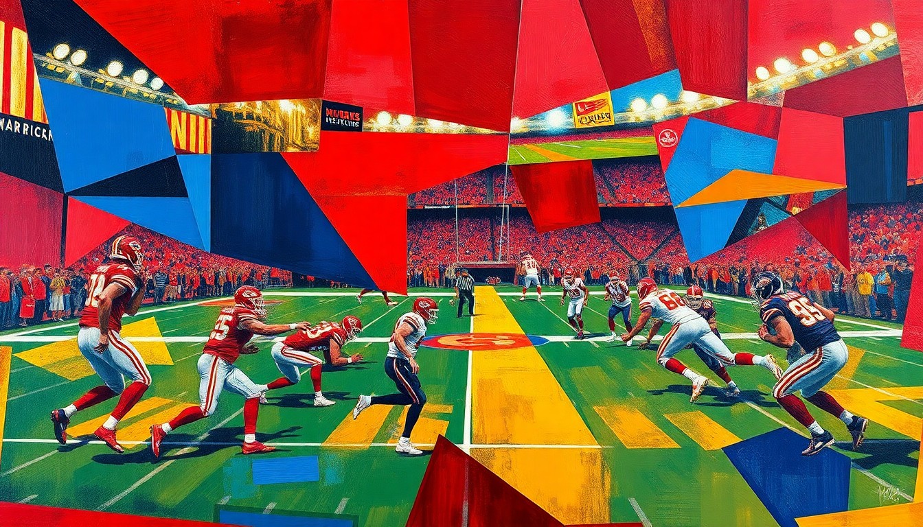 A cubist, geometric painting depicting a Kansas City Chiefs football game, with the players and field broken down into sharp, overlapping planes of deep red, royal blue, and metallic gold, capturing the dynamic energy and uncertainty of the team