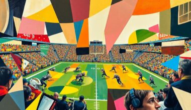 A cubist-style painting depicting a fragmented and overlapping scene of a football game, with players and field elements broken down into geometric shapes and planes of color.