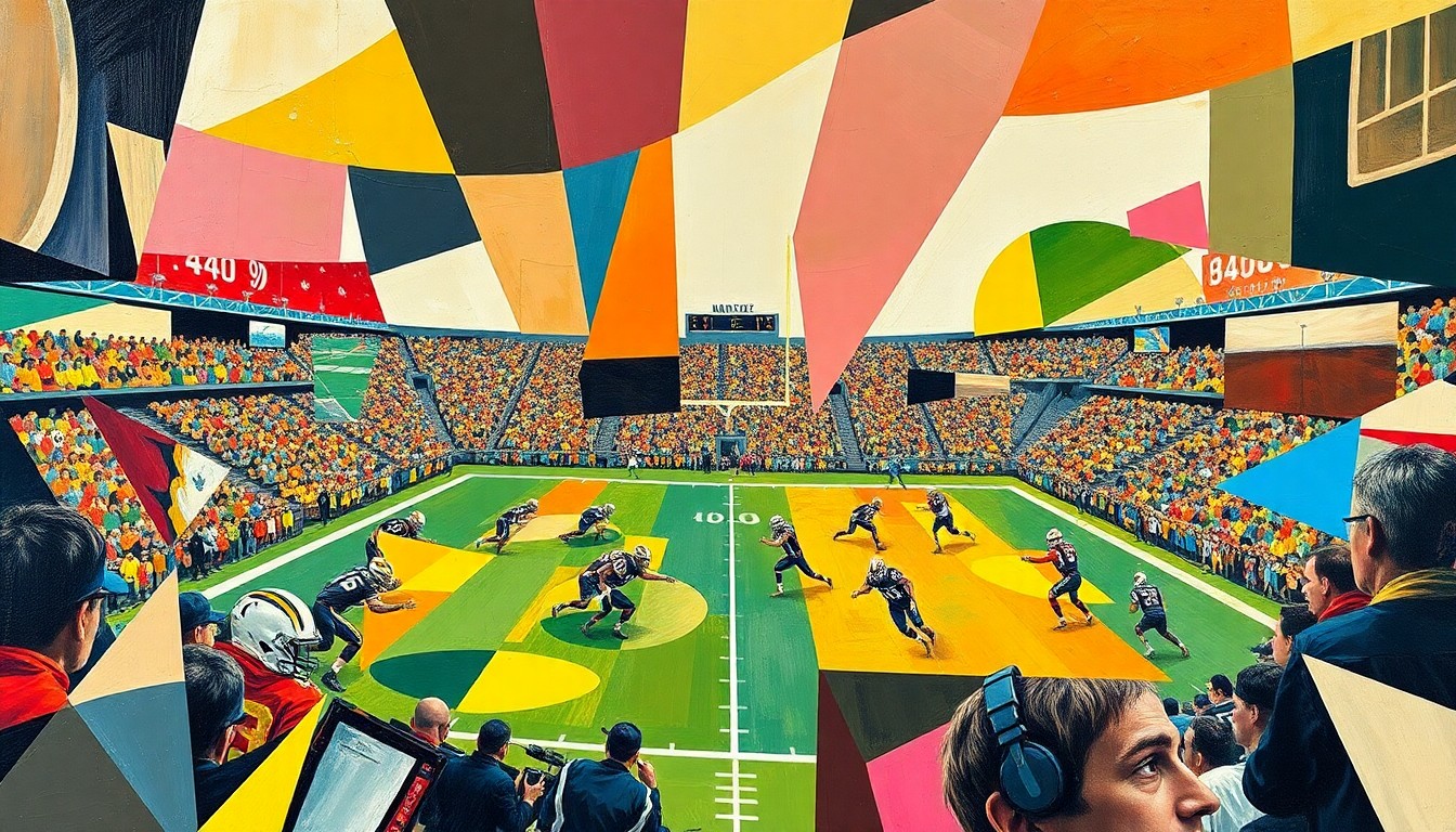 A cubist-style painting depicting a fragmented and overlapping scene of a football game, with players and field elements broken down into geometric shapes and planes of color.