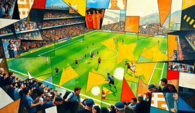 A fractured, cubist-style painting depicting the intense action of a football game, with players and the field of play broken down into sharp, overlapping geometric shapes and planes in a vibrant color palette.