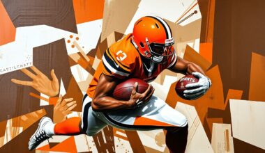 A fragmented, geometric painting depicting a Browns linebacker making a tackle, with sharp planes of brown, orange, and white capturing the intensity and movement of the play.