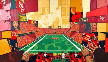 A cubist, geometric painting depicting a football game in motion, with players and the field broken down into sharp, overlapping planes of red and gold, conveying the idea of a quarterback