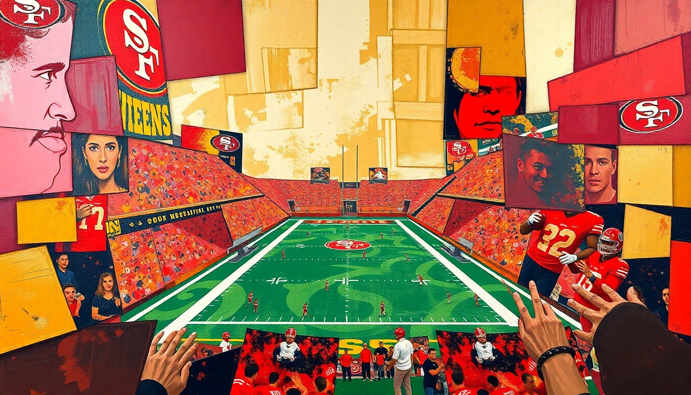 A cubist, geometric painting depicting a football game in motion, with players and the field broken down into sharp, overlapping planes of red and gold, conveying the idea of a quarterback