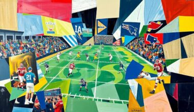 A cubist, geometric illustration depicting fragmented football players and draft day chaos, conveying the complex and multifaceted nature of the Commanders