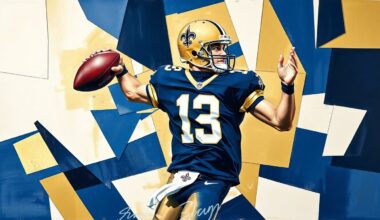 A cubist, geometric illustration depicting a Saints quarterback in the process of dropping back to pass, with the figure broken down into sharp, overlapping planes of navy blue, gold, and white.