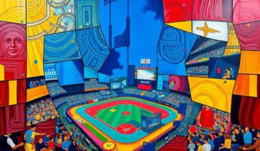 A cubist, geometric painting depicting a fragmented baseball stadium scene, with overlapping planes of color and shape representing the partnership between the Rockies and Broncos ownership groups.