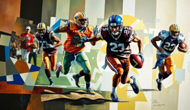 A cubist, geometric painting depicting the explosive motion of a football player rushing the quarterback, with sharp, overlapping planes of color representing the dynamic action of the play.