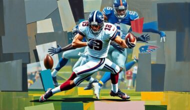 A cubist-style painting depicting a football player in motion, with their body broken down into overlapping geometric shapes and planes in shades of blue, green, and orange, conveying the dynamic nature of the sport and the new opportunity Dugger has with the Bengals.