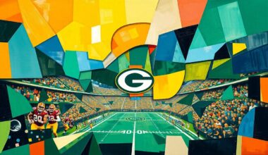 A fractured, cubist-style painting depicting a football game in progress, with the players and field broken down into sharp, overlapping geometric shapes in vibrant colors, capturing the raw energy and intensity of the sport.