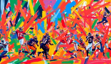 An abstract, expressionist painting featuring vibrant neon colors and rapid brushstrokes that suggest the intense physicality and energy of an NFL football game, without depicting any specific individuals or teams.