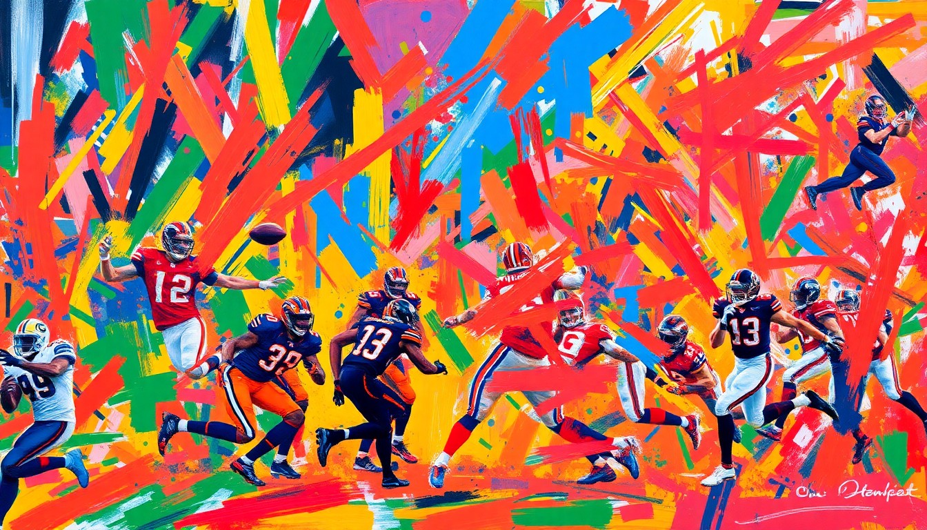 An abstract, expressionist painting featuring vibrant neon colors and rapid brushstrokes that suggest the intense physicality and energy of an NFL football game, without depicting any specific individuals or teams.