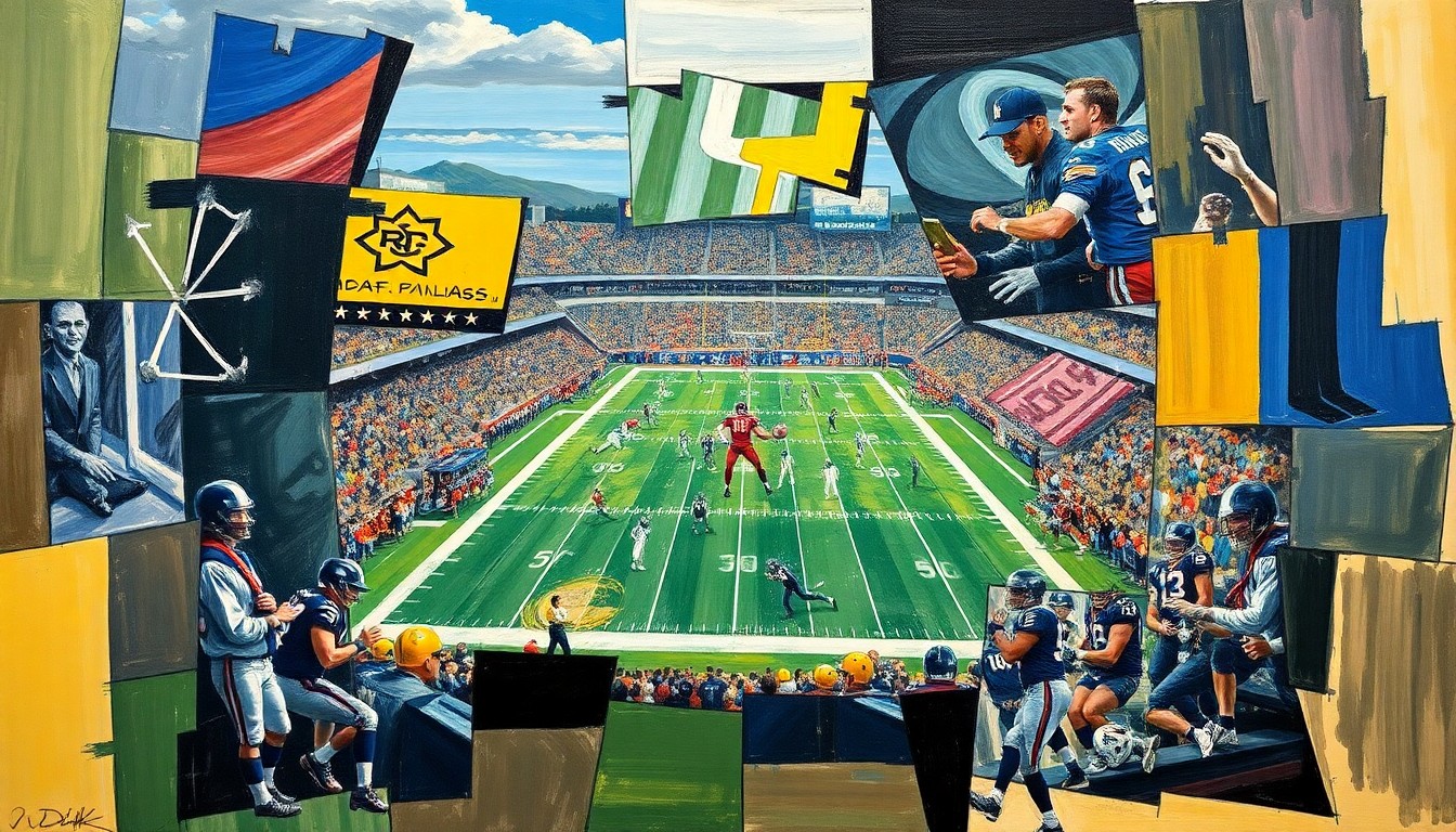 A cubist, geometric painting depicting fragmented, overlapping shapes and planes representing a football game or NFL draft scene, conveying the strategic complexity and uncertainty surrounding the Bengals