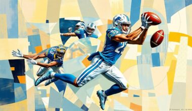 A fractured, cubist-style painting depicting a Detroit Lions wide receiver making a catch, with the player