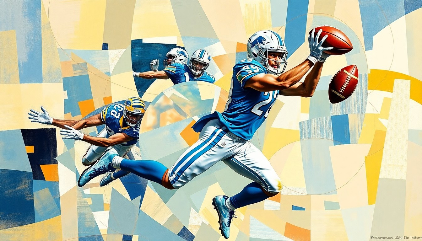A fractured, cubist-style painting depicting a Detroit Lions wide receiver making a catch, with the player