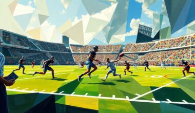 A fragmented, geometric painting depicting the dynamic action of a football game, with players and the field rendered as abstract shapes and lines in a cubist style.