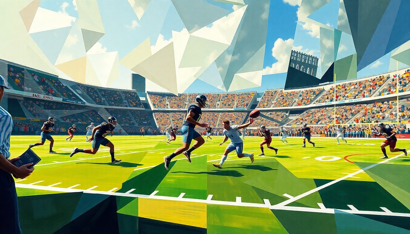 A fragmented, geometric painting depicting the dynamic action of a football game, with players and the field rendered as abstract shapes and lines in a cubist style.