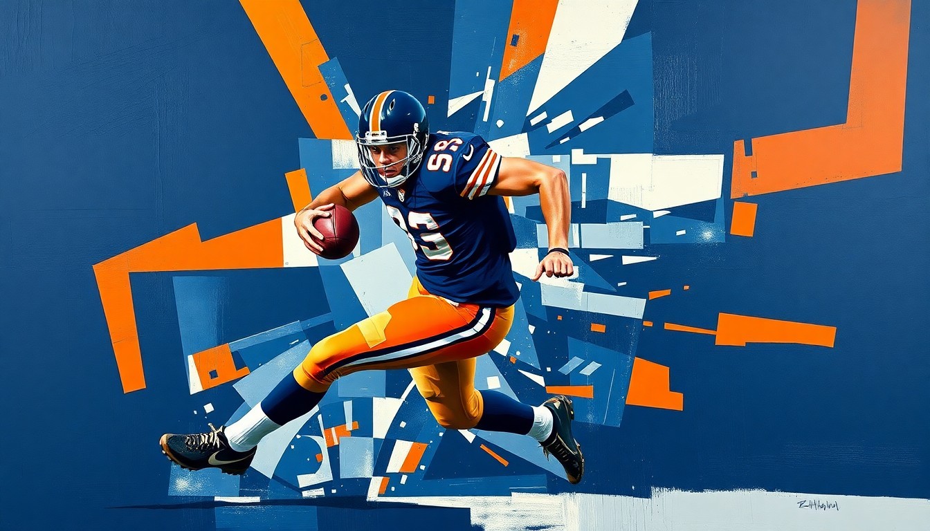 A cubist, geometric painting depicting a football player in mid-motion, with sharp, overlapping planes of navy blue, orange, and white, capturing the dynamic energy and anticipation surrounding the Broncos