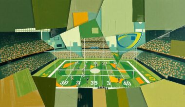 A cubist, geometric painting depicting a fragmented football game or draft day event, with sharp, overlapping planes in muted earth tones and shades of green, hinting at the complexities of the Eagles