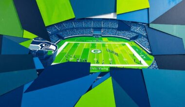 A cubist, geometric painting depicting a Seahawks football game, with sharp, overlapping planes of navy blue, lime green, and silver, capturing the dynamic and multifaceted nature of the team