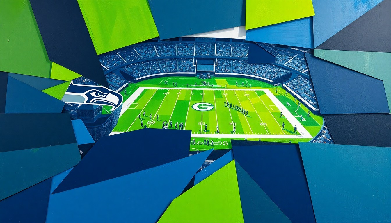 A cubist, geometric painting depicting a Seahawks football game, with sharp, overlapping planes of navy blue, lime green, and silver, capturing the dynamic and multifaceted nature of the team