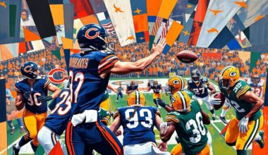 A cubist, geometric painting depicting a pivotal moment from the Bears
