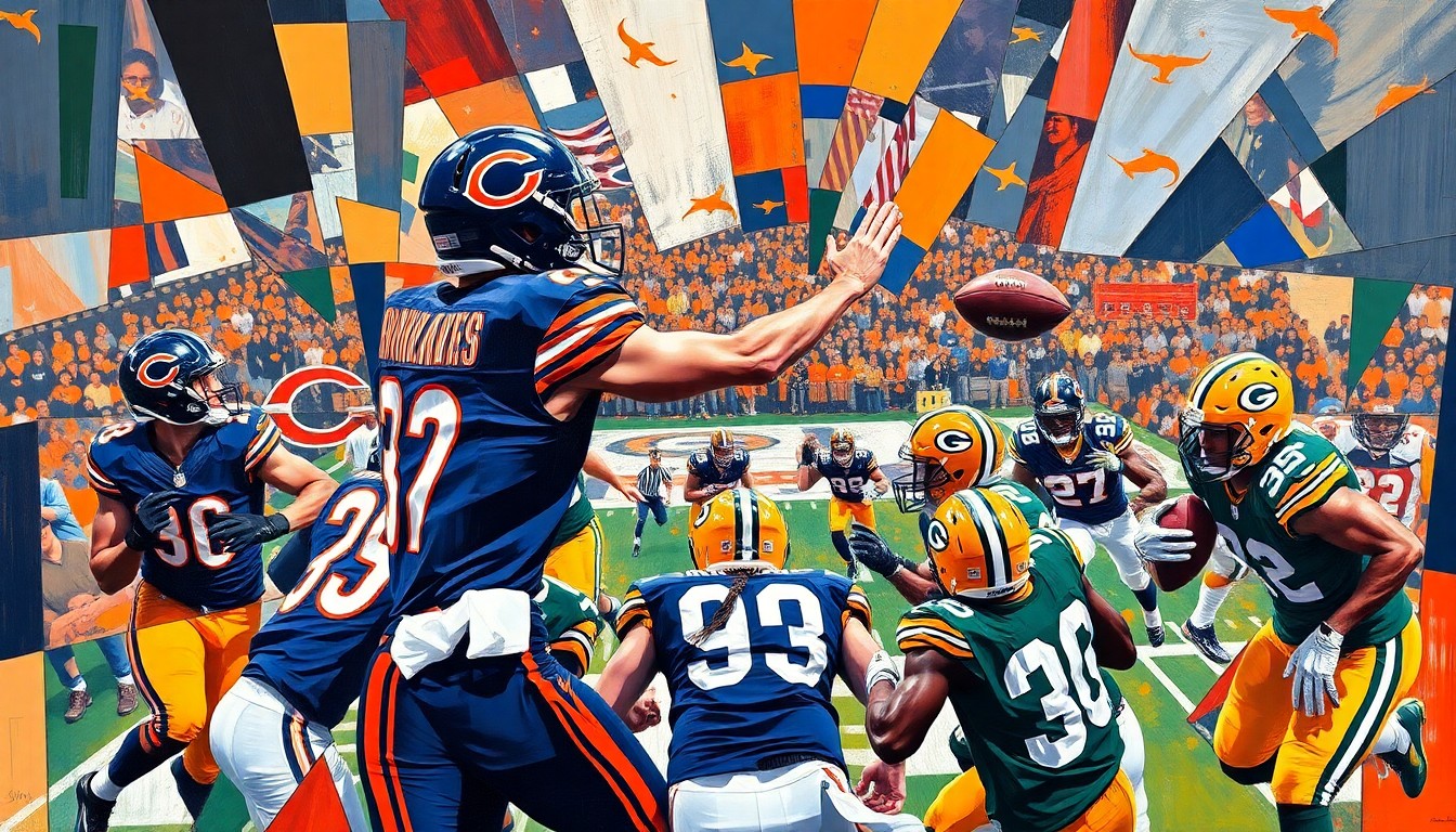A cubist, geometric painting depicting a pivotal moment from the Bears