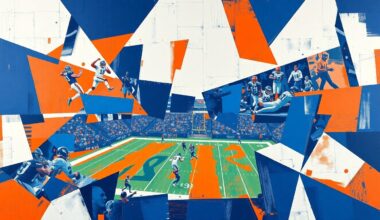 A cubist, geometric painting depicting fragmented football players and draft prospects, conveying the complex strategic considerations facing the Bengals